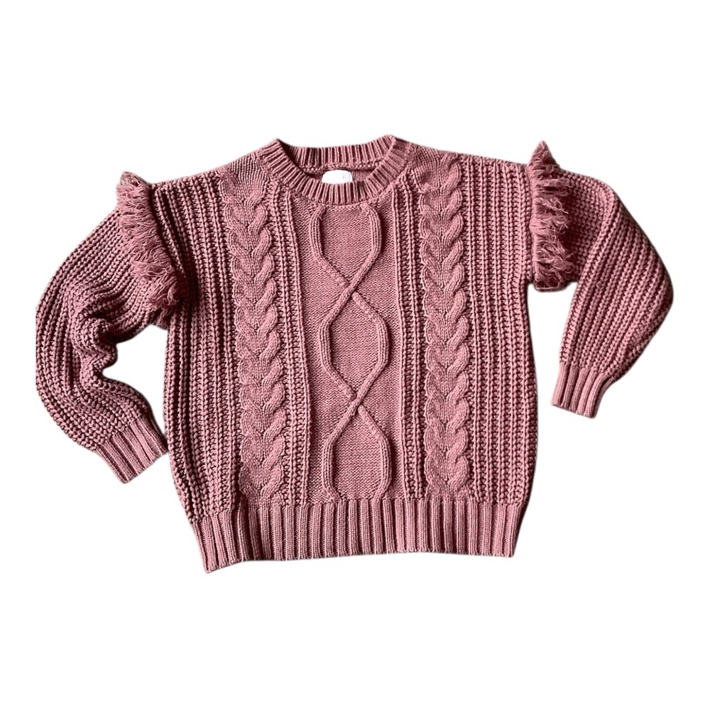 Everly Mauve Cable Knit Boho Sweater,  Fringe Details, Cotton Blend, Sz S